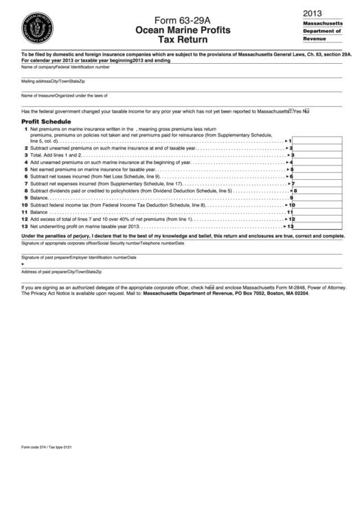 Fillable Form 63-29a - Ocean Marine Profits Tax Return - 2013 Printable pdf
