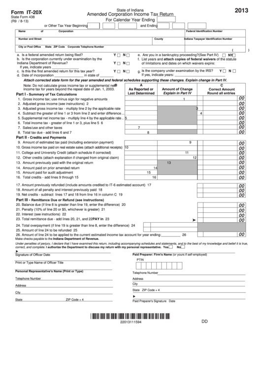 Form It-20x - Amended Corporation Income Tax Return - 2013 Printable pdf
