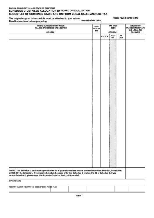 Form Boe-530 Schedule C - Detailed Allocation By Suboutlet Of Combined State And Uniform Local Sales And Use Tax Printable pdf