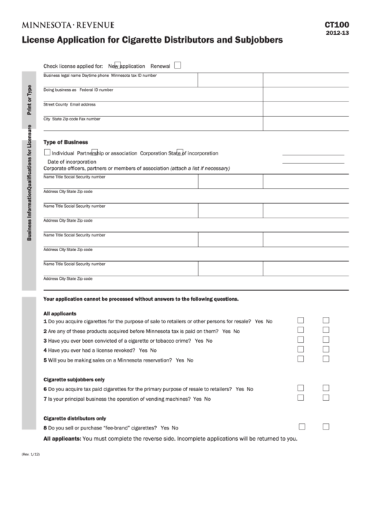 Fillable Form Ct100 - License Application For Cigarette Distributors And Subjobbers - 2012 Printable pdf