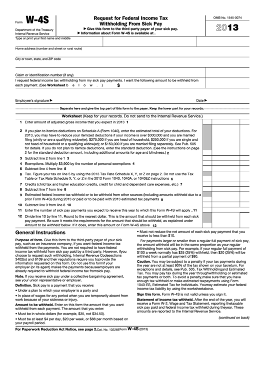 Fillable Form W-4s - Request For Federal Income Tax Withholding From Sick Pay - 2013 Printable pdf