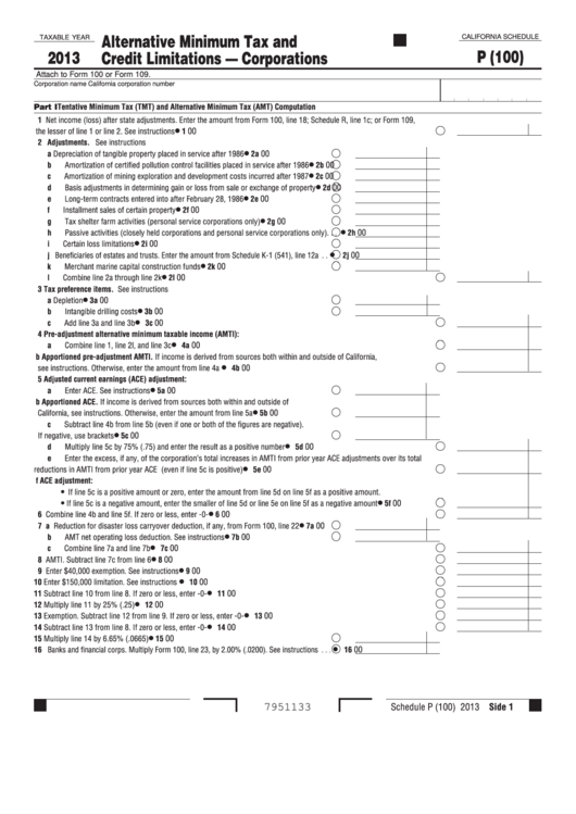 Fillable California Schedule P (100) - Alternative Minimum Tax And Credit Limitations-Corporations - 2013 Printable pdf