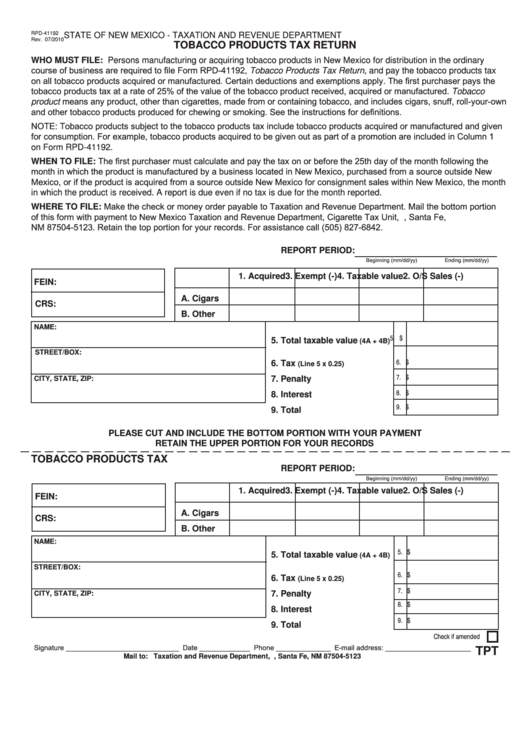 Fillable Form Rpd-41192 - Tobacco Products Tax Return Printable pdf