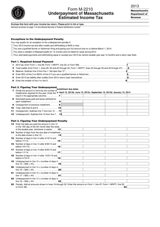 Fillable Form M-2210 - Underpayment Of Massachusetts Estimated Income Tax - 2013 Printable pdf