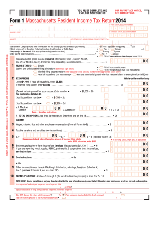 Form 1 - Massachusetts Resident Income Tax Return - 2014