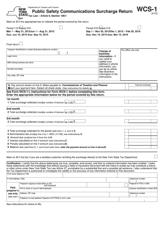 Form Wcs-1 - Public Safety Communications Surcharge Return Printable pdf