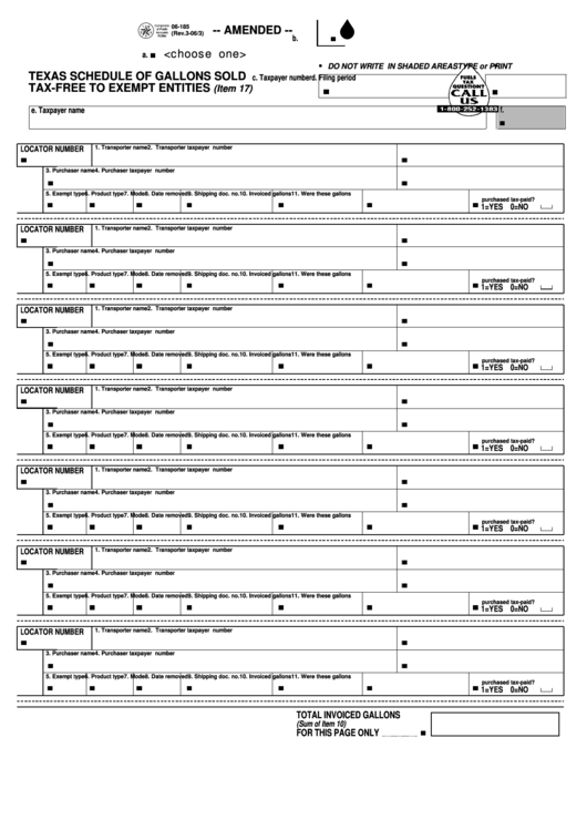 Fillable Form 06-185 - Amended Schedule Of Gallons Sold Tax-Free To Exempt Entities Printable pdf