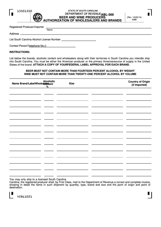 Fillable Form Abl-569 - Beer And Wine Producers Authorization Of Wholesalers And Brands Printable pdf