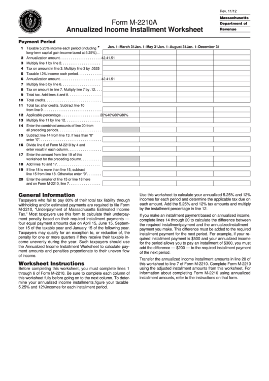 Fillable Form M-2210a - Annualized Income Installment Worksheet Printable pdf