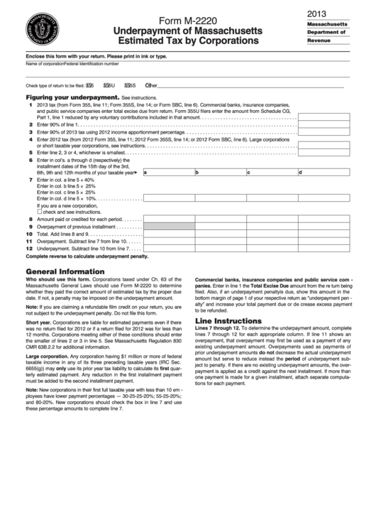 Fillable Form M-2220 - Underpayment Of Massachusetts Estimated Tax By Corporations - 2013 Printable pdf