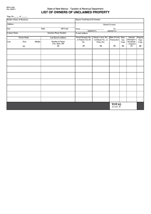 Fillable Form Rpd-41202 - List Of Owners Of Unclaimed Property Printable pdf