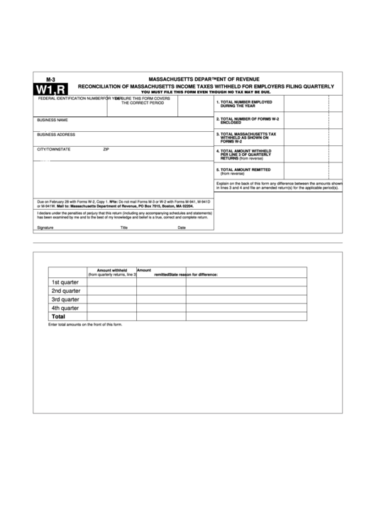 Form M-3 - Reconciliation Of Massachusetts Income Taxes Withheld For Employers Filing Quarterly Printable pdf