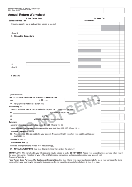 Fillable Form 3861 - Annual Return Worksheet Printable pdf