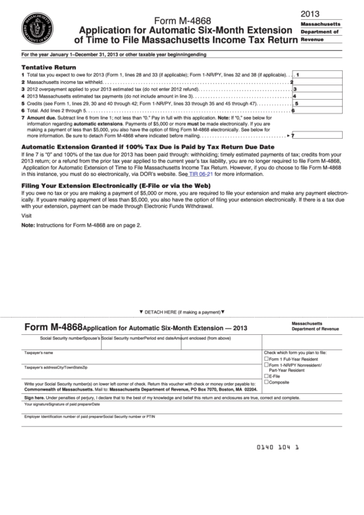 Fillable Form M-4868 - Application For Automatic Six-Month Extension Of Time To File Massachusetts Income Tax Return - 2013 Printable pdf