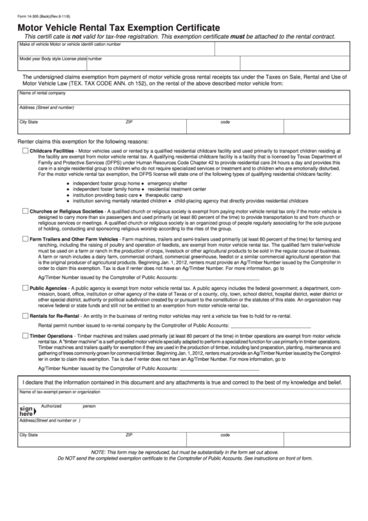 Fillable Form 14-305 - Motor Vehicle Rental Tax Exemption Certificate Printable pdf