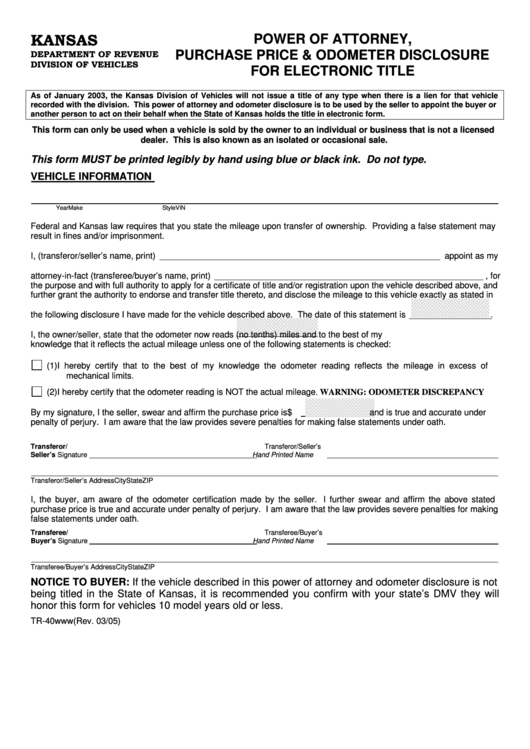 Fillable Form Tr-40 - Power Of Attorney, Purchase Price And Odometer Disclosure For Electronic Title Printable pdf