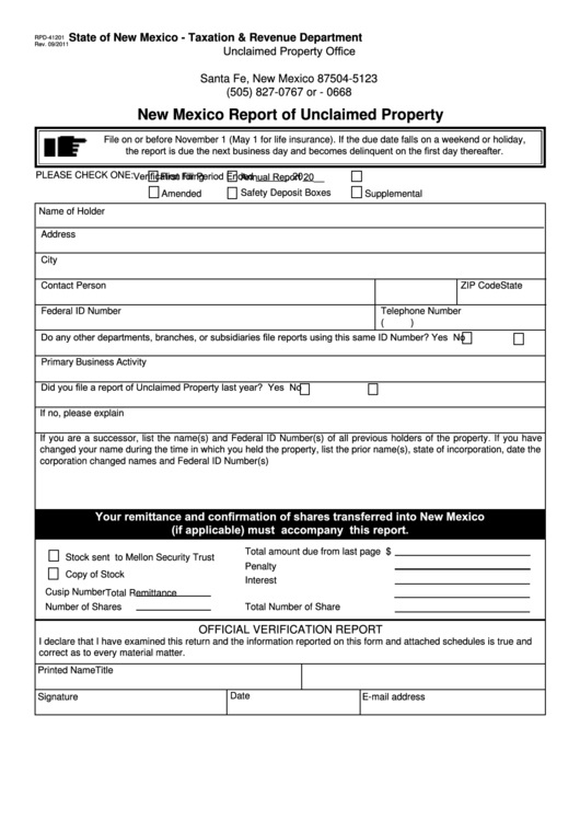 Fillable Form Rpd-41201 - New Mexico Report Of Unclaimed Property Printable pdf