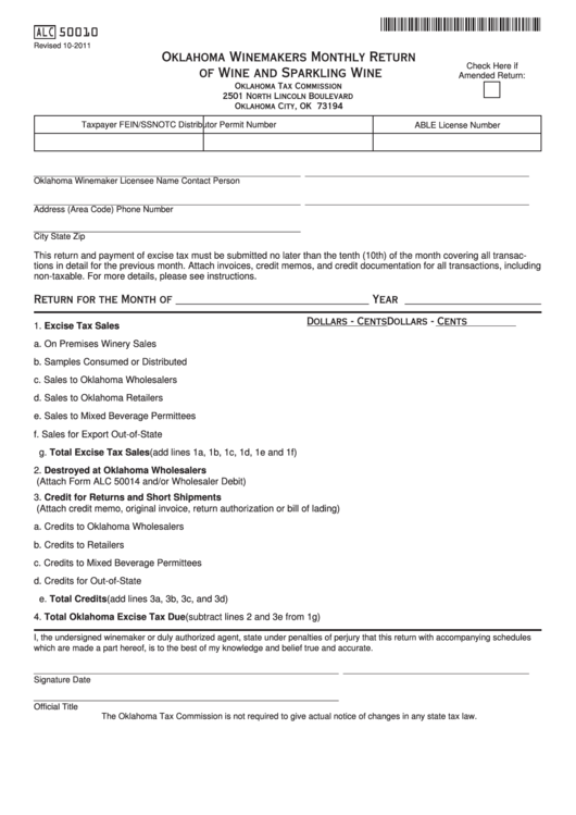 Fillable Form Alc 50010 - Oklahoma Winemakers Monthly Return Of Wine And Sparkling Wine Printable pdf