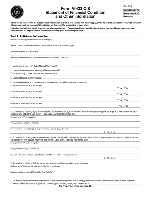 Form M-433-Ois - Statement Of Financial Condition And Other Information Printable pdf