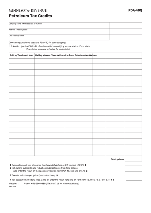 Fillable Form Pda-46q - Petroleum Tax Credits Printable pdf