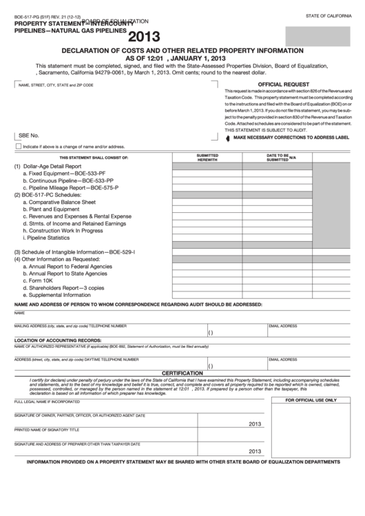 Fillable Form Boe-517-Pg - Declaration Of Costs And Other Related Property Information - 2013 Printable pdf