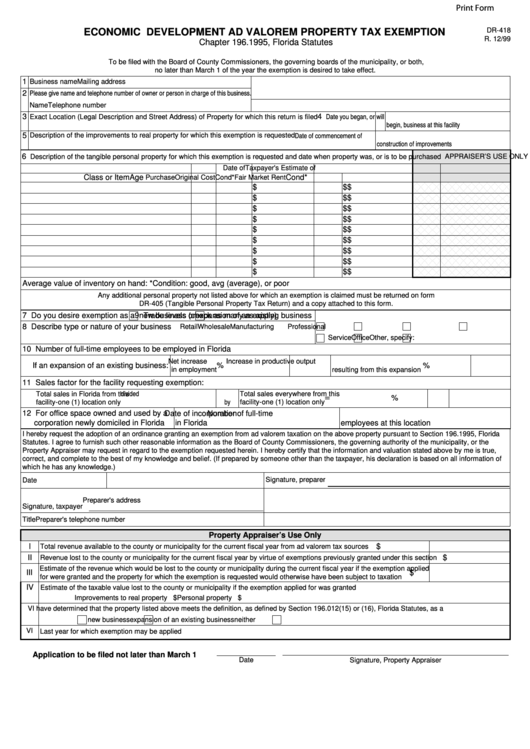 Fillable Form Dr-418 - Economic Development Ad Valorem Property Tax Exemption Printable pdf