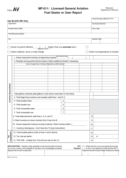 Fillable Form Mf-011 - Licensed General Aviation Fuel Dealer Or User Report Printable pdf