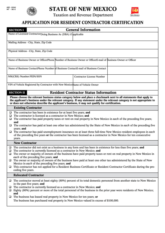 Form Asd-22240 - Application For Resident Contractor Certification Printable pdf