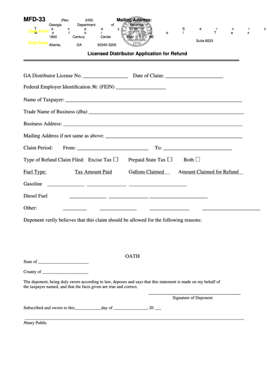 Fillable Form Mfd-33 - Licensed Distributor Application For Refund Printable pdf