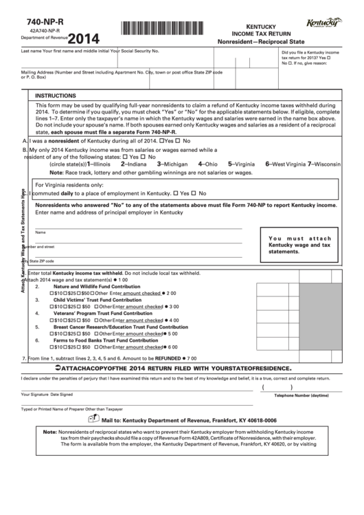 Fillable Form 740-Np-R - Nonresident-Reciprocal State - Kentucky Income Tax Return - 2014 Printable pdf