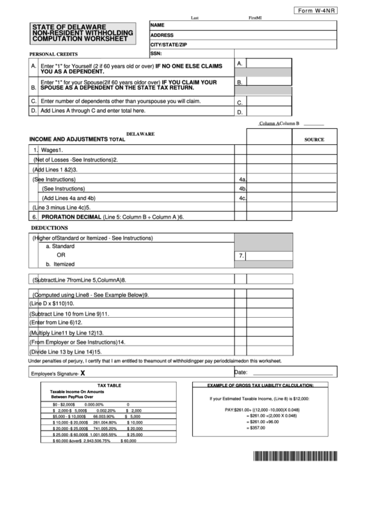 Fillable Form W-4nr - Non-Resident Withholding Computation Worksheet Printable pdf