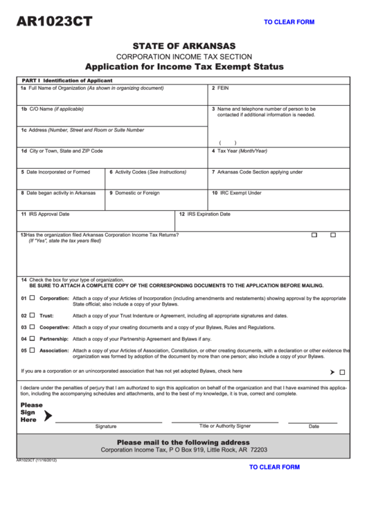 Fillable Form Ar1023ct - Application For Income Tax Exempt Status - Arkansas Corporate Income Tax Printable pdf