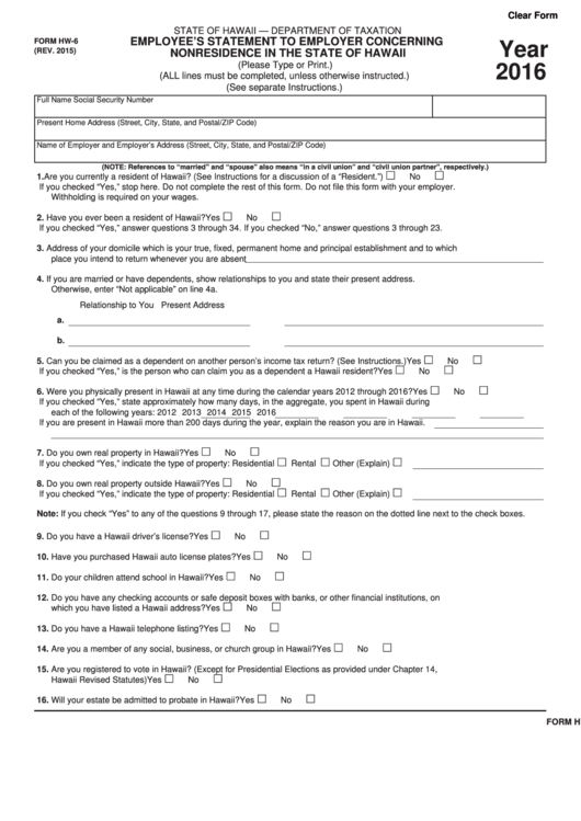 Form Hw-6 - Employee's Statement To Employer Concerning Nonresidence In The State Of Hawaii - 2016