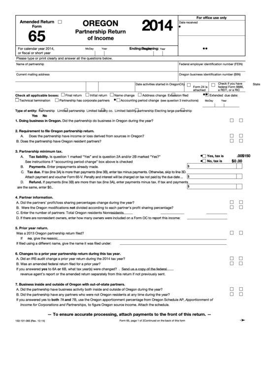 Fillable Form 65 - Oregon Partnership Return Of Income - 2014 Printable pdf