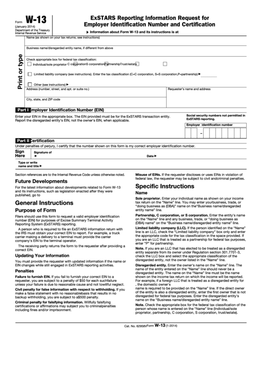 Fillable Form W-13 - Exstars Reporting Information Request For Employer Identification Number And Certification Printable pdf