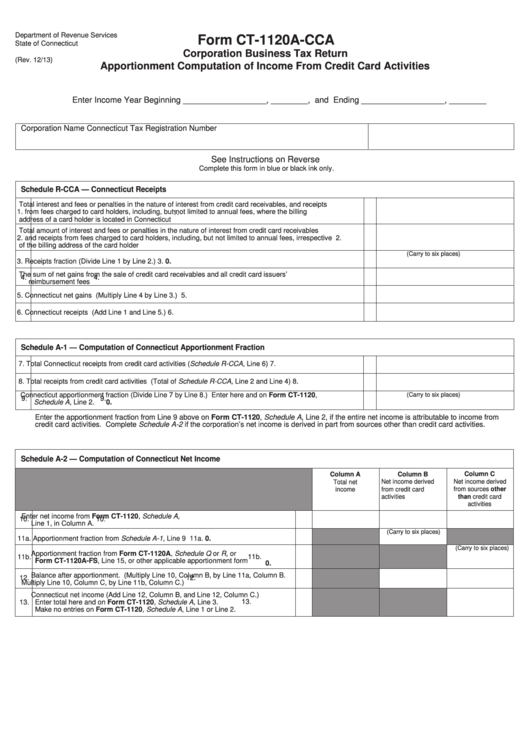 Form Ct-1120a-Cca - Corporation Business Tax Return Apportionment Computation Of Income From Credit Card Activities Printable pdf