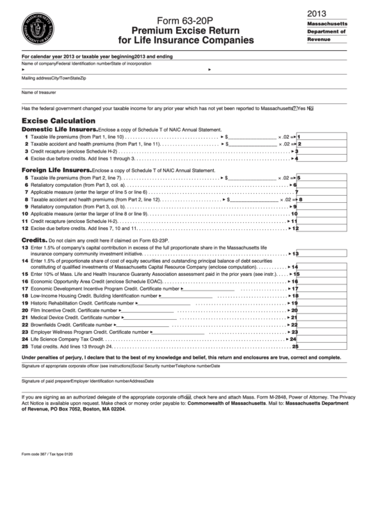 Fillable Form 63-20p - Premium Excise Return For Life Insurance Companies - 2013 Printable pdf