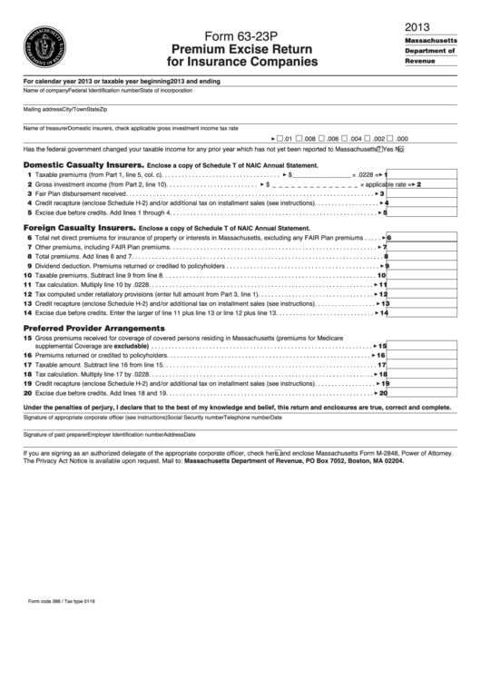 Fillable Form 63-23p - Premium Excise Return For Insurance Companies - 2013 Printable pdf