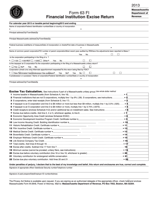 Fillable Form 63 Fi - Financial Institution Excise Return Printable pdf