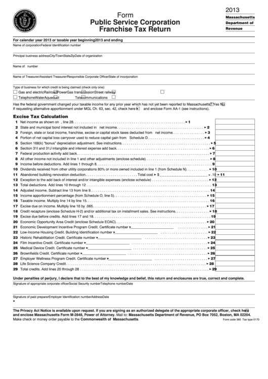 Fillable Form P.s.1 - Public Service Corporation Franchise Tax Return - 2013 Printable pdf