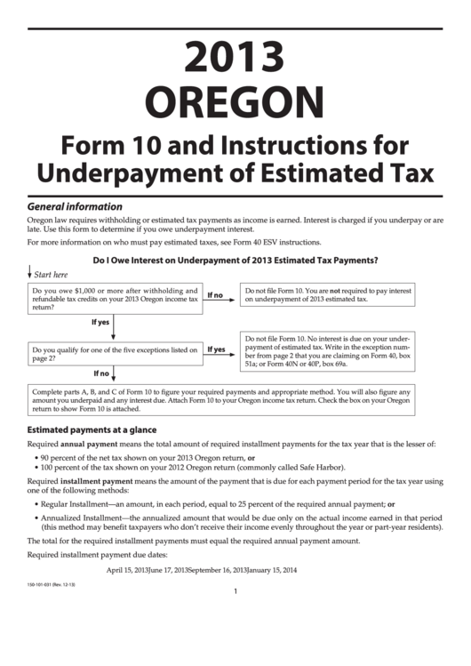 Fillable Form 10 - Underpayment Of Oregon Estimated Tax - 2013 Printable pdf