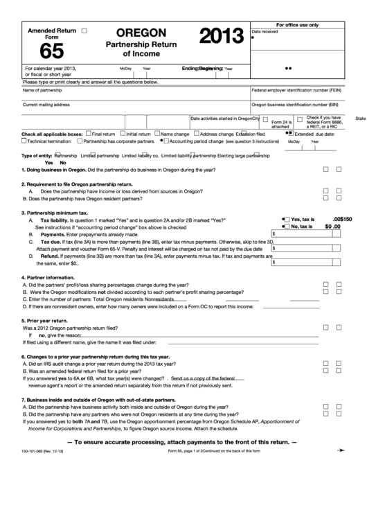 Fillable Form 65 - Oregon Partnership Return Of Income - 2013 Printable pdf