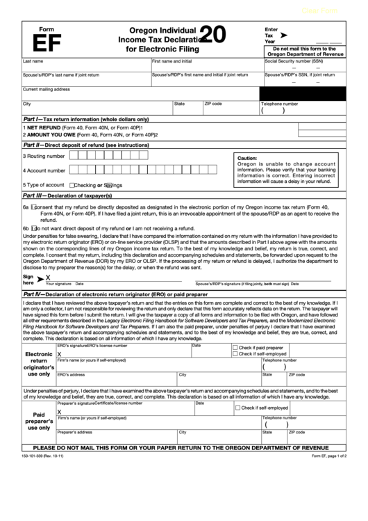 Fillable Form Ef - Oregon Individual Income Tax Declaration For Electronic Filing Printable pdf