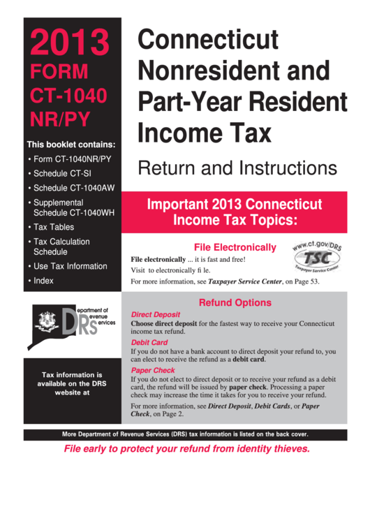 Form Ct-1040 Nr/py - Connecticut Nonresident And Part-Year Resident Income Tax Return And Instructions - 2013 Printable pdf
