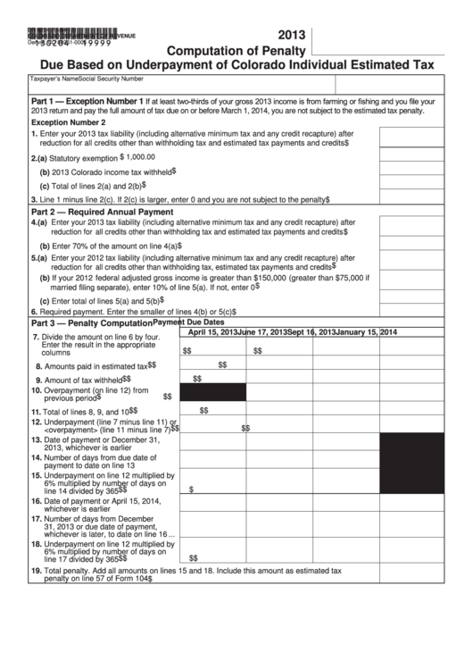 Fillable Form Dr 0204 - Computation Of Penalty Due Based On Underpayment Of Colorado Individual Estimated Tax - 2013 Printable pdf