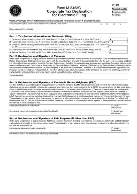 Form M-8453c - Corporate Tax Declaration For Electronic Filing - 2013 Printable pdf