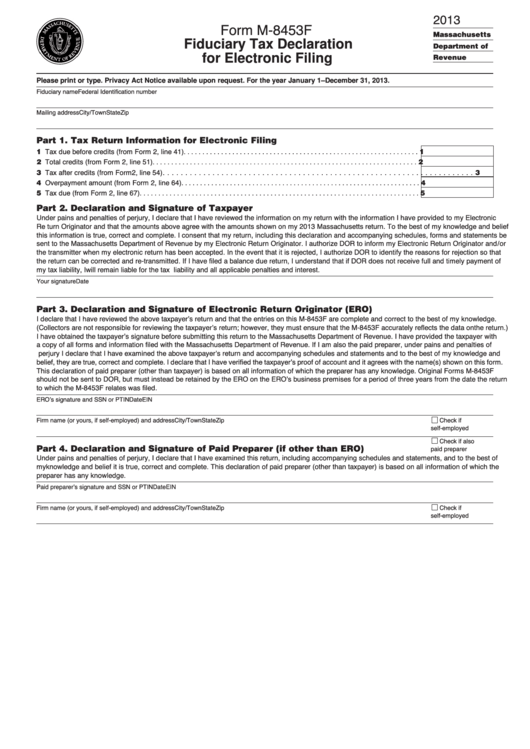 Form M-8453f - Fiduciary Tax Declaration For Electronic Filing - 2013 Printable pdf