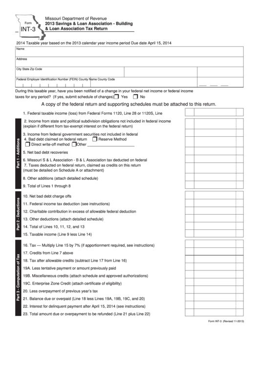 Fillable Form Int-3 - Savings & Loan Association - Building & Loan Association Tax Return - 2013 Printable pdf