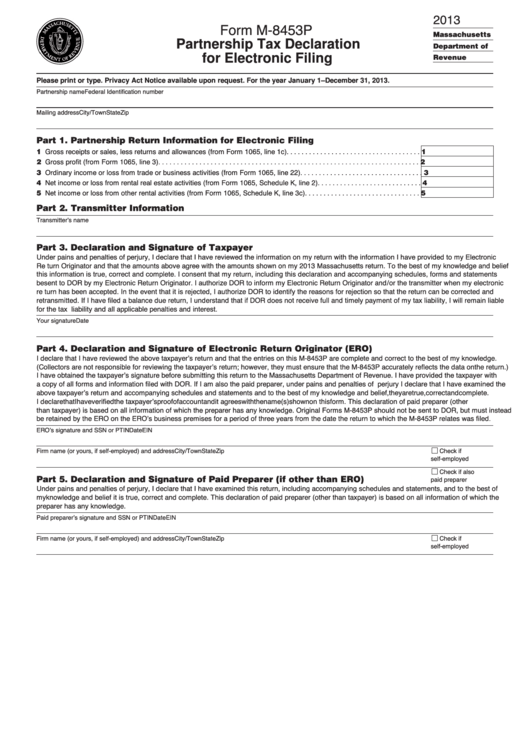 Form M-8453p - Partnership Tax Declaration For Electronic Filing - 2013 Printable pdf