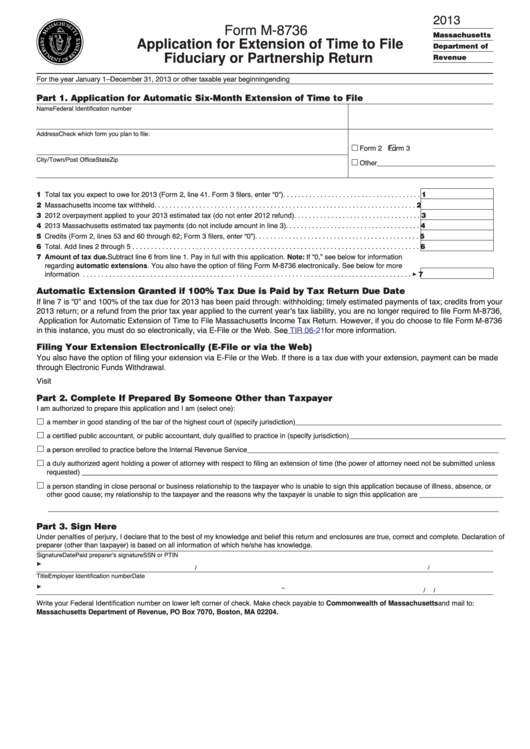 Fillable Form M-8736 - Application For Extension Of Time To File Fiduciary Or Partnership Return - 2013 Printable pdf